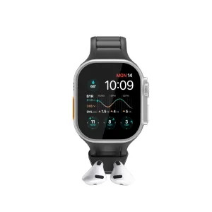 KeyBudz Sync+ svart Apple Watch-armband med inbyggd AirPods-hållare och två AirPods på bilden
