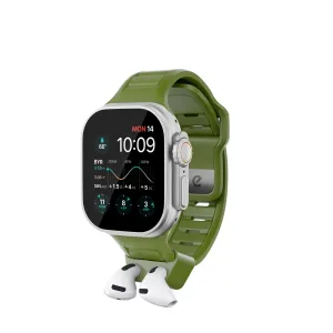 KeyBudz Sync+ Series žalias FKM Apple Watch dirželis su integruotu AirPods laikikliu ir sidabriniu Apple Watch