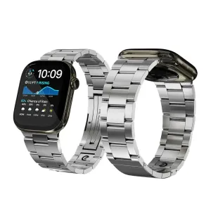 KeyBudz Spectra Series roostevabast terasest Apple Watchi rihm turvalise pandlaga, näidatud Apple Watchil