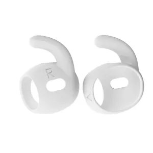 KeyBudz Earbuddyz hvite ørekroker i silikon til AirPods Pro Gen 2, vist som et par med markering for høyre side