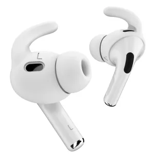 KeyBudz Earbuddyz hvite ørekroker i silikon til AirPods Pro Gen 2, vist på trådløse ørepropper