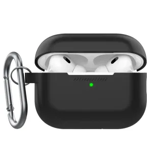 KeyBudz Elevate Series svart fodral för AirPods Pro Gen 2 med öppet lock, synliga hörlurar och fastsatt karbinhake