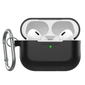 KeyBudz Elevate Series-fodral för AirPods Pro Gen 2, öppet svart silikonfodral med öronsnäckor och karbinhake