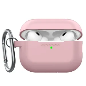 KeyBudz Elevate Series silikonfodral i puderrosa för AirPods Pro Gen 2 med karbinhake, visas öppet med hörlurarna inuti