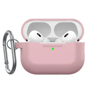 KeyBudz Elevate Series silikonfodral i puderrosa för AirPods Pro Gen 2, öppet med synliga hörlurar och fastsatt karbinhake