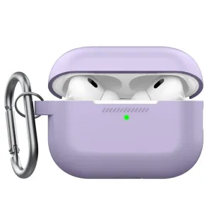 KeyBudz Elevate Series lavendlivärvi AirPods Pro Gen 2 ümbris avatuna, kõrvaklapid sees ja karabiinhaak küljes