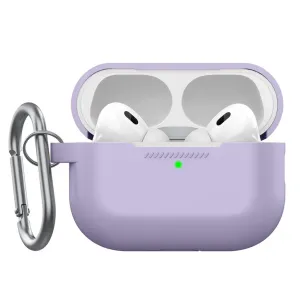 KeyBudz Elevate Series lavendlivärvi AirPods Pro Gen 2 ümbris avatud kaanega, kõrvaklapid nähtaval ja karabiin kinnitatud