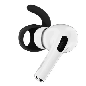 KeyBudz Earbuddyz öronkrok i silikon fäst på en vit AirPods Pro-hörlur mot svart bakgrund