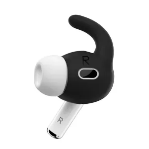 KeyBudz Earbuddyz svart öronkrok i silikon för AirPods Pro Gen 2, visas med vit öronpropp och R-märkning