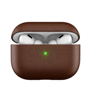 KeyBudz Artisan Series brunt læderetui til AirPods Pro, åbent med øretelefoner synlige indeni