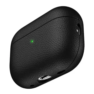 KeyBudz Artisan Series juodas odinis dėklas, skirtas AirPods Pro 2, su grublėta tekstūra, indikatoriaus lempute ir įkrovimo išpjovomis.
