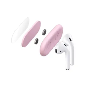 KeyBudz AirDockz pink magnetic AirPods holder in exploded view with white earbuds and left-right markings