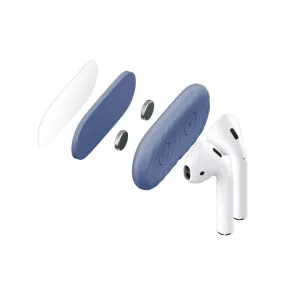 KeyBudz AirDockz magnetisk holder til trådløse øretelefoner, vist med hvide øretelefoner og blå etuidele