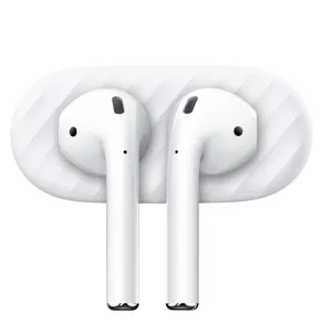 White Apple AirPods seated in a charging case, showing the earbuds this KeyBudz magnetic holder is made for.
