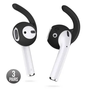 KeyBudz EarBuddyz -mustat korvakoukut AirPods- ja Earpods-kuulokkeille, kuvassa 3 parin sarjana valkoisella taustalla.