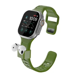 KeyBudz Sync+ žalias Apple Watch dirželis su integruotu AirPods laikikliu ir baltais ausinukais