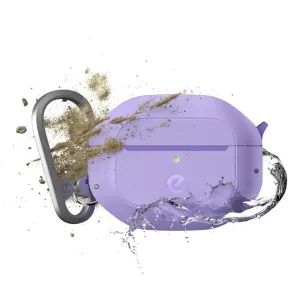 KeyBudz Element Series AirPods 3-fodral i vild lavendel med karbinhake, visas med skydd mot vattenstänk