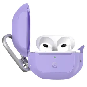 KeyBudz Element Series-fodral till AirPods 3 i vild lavendel, öppet med vita öronsnäckor och fastsatt karbinhake