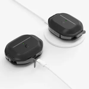 KeyBudz Element Series svart AirPods 3-fodral visas med Lightning-laddningskabel och trådlös laddningspuck