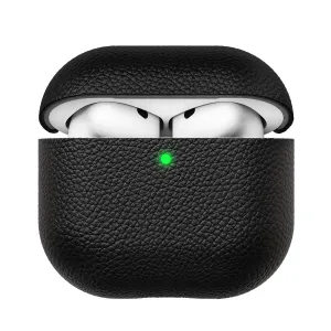 KeyBudz Artisan Series-läderfodral för AirPods 4:e generationen, öppet med vita öronsnäckor inuti och svart narvläderfinish