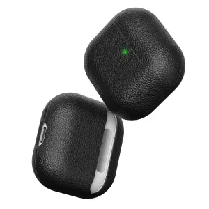 KeyBudz Artisan Series svart läderfodral för AirPods 4:e generationen, visat stängt och delvis öppet med urtag för port