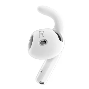 KeyBudz earBuddyz öronkrok i silikon för AirPods 4, vit, visas som ett enskilt öronsnäckstillbehör med säker passform