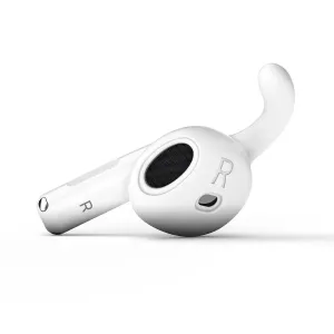KeyBudz EarBuddyz för AirPods 4, vita öronkrokar i silikon med säker passform, visas som ett par på vit bakgrund