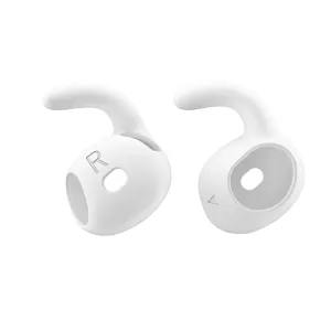 KeyBudz EarBuddyz vita silikonkrokar för AirPods 4, visas som tillbehör för vänster och höger öronsnäcka
