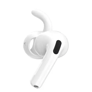 KeyBudz earBuddyz för AirPods 4, vitt öronkrokstillbehör i silikon, visat på en enda trådlös öronsnäcka