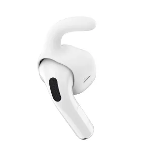KeyBudz EarBuddyz öronkrok för AirPods 4 i vitt, visad fastsatt på en vit öronsnäcka
