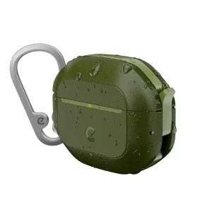 KeyBudz ElementProof-etui til AirPods 4. generasjon i skoggrønt med vanndråpetekstur og karabinkrok