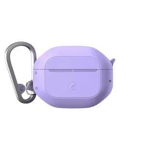 KeyBudz ElementProof AirPods 4th Gen -kotelo villilaventelin värisenä, kiinnitetyllä karabiinihaalla