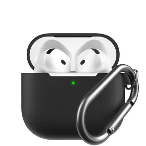 KeyBudz Elevate Series musta AirPods 4 -kotelo avaimenperäkarabiinilla, kansi auki ja nappikuulokkeet näkyvissä