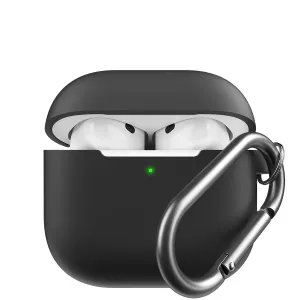 KeyBudz Elevate Series musta kotelo AirPods 4th Generation -kuulokkeille, jossa karabiinihaka ja avoin kansi