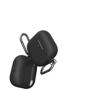 KeyBudz Elevate Series -avaimenperä AirPods 4th Generation -kuulokkeille, musta suojakotelo, johon on kiinnitetty karabiinihaat