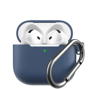 KeyBudz cobalt blue AirPods 4th generation case with open lid, earbuds visible, and keychain clip