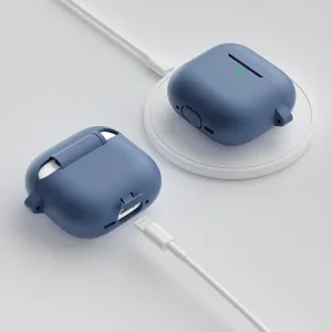 KeyBudz Elevate Series blue AirPods 4th generation keychain cases, shown charging with white cables.