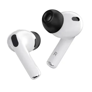 KeyBudz HyperFoam svarta skumörontoppar monterade på vita AirPods Pro-hörsnäckor, visade som ett par