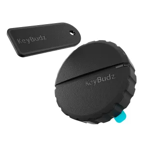 KeyBudz juodas AirTag laikiklio priedas su derančiu įdėklu ir įspaustu logotipu