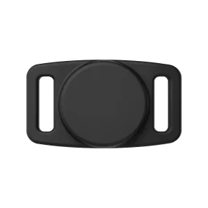 KeyBudz PawTag black pet collar mount for AirTag with strap openings, shown on a white background