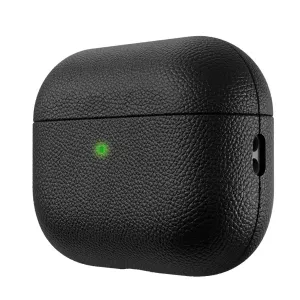 KeyBudz meistriškai pagamintas odinis dėklas, skirtas AirPods Pro 3, su juoda grūdėta apdaila, būsenos lempute ir įkrovimo anga