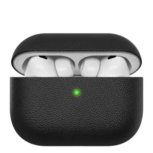 Atidarytas KeyBudz odinis dėklas, skirtas AirPods Pro 3, su viduje esančiomis baltomis ausinėmis ir akmenukų tekstūros juoda apdaila
