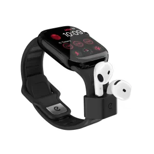 KeyBudz Sync+ Series musta Apple Watch -ranneke integroidulla AirPods-telakalla ja valkoisilla nappikuulokkeilla