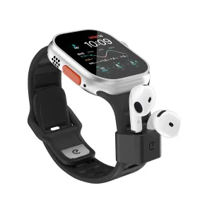 KeyBudz Sync+ Series svart Apple Watch-armband med integrerad AirPods-hållare och silverfärgad Apple Watch-display