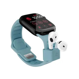 KeyBudz Sync+ Series lyseblå Apple Watch-rem med integreret AirPods-holder og hvide ørepropper