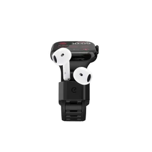 KeyBudz Sync+ Series Apple Watch -ranneke integroidulla AirPods-telakalla ja kahdella valkoisella kuulokkeella, Carbon Black
