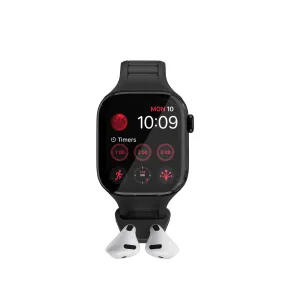 KeyBudz Sync+ Series musta Apple Watch -ranneke integroidulla AirPods-telakalla ja kahdella nappikuulokkeella 38–42 mm:n kelloihin