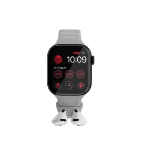 KeyBudz Sync+ Series grått Apple Watch-armband med integrerad AirPod-hållare för två vita AirPods