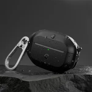 KeyBudz Element Series-fodral för AirPods Pro 3:e generationen i kolsvart, med karbinhake och vattendroppar.