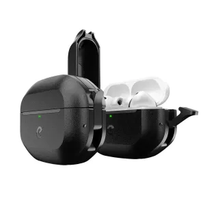 KeyBudz Element Series-skyddsfodral för AirPods Pro 3:e generationen, visat öppet och stängt i kolsvart.